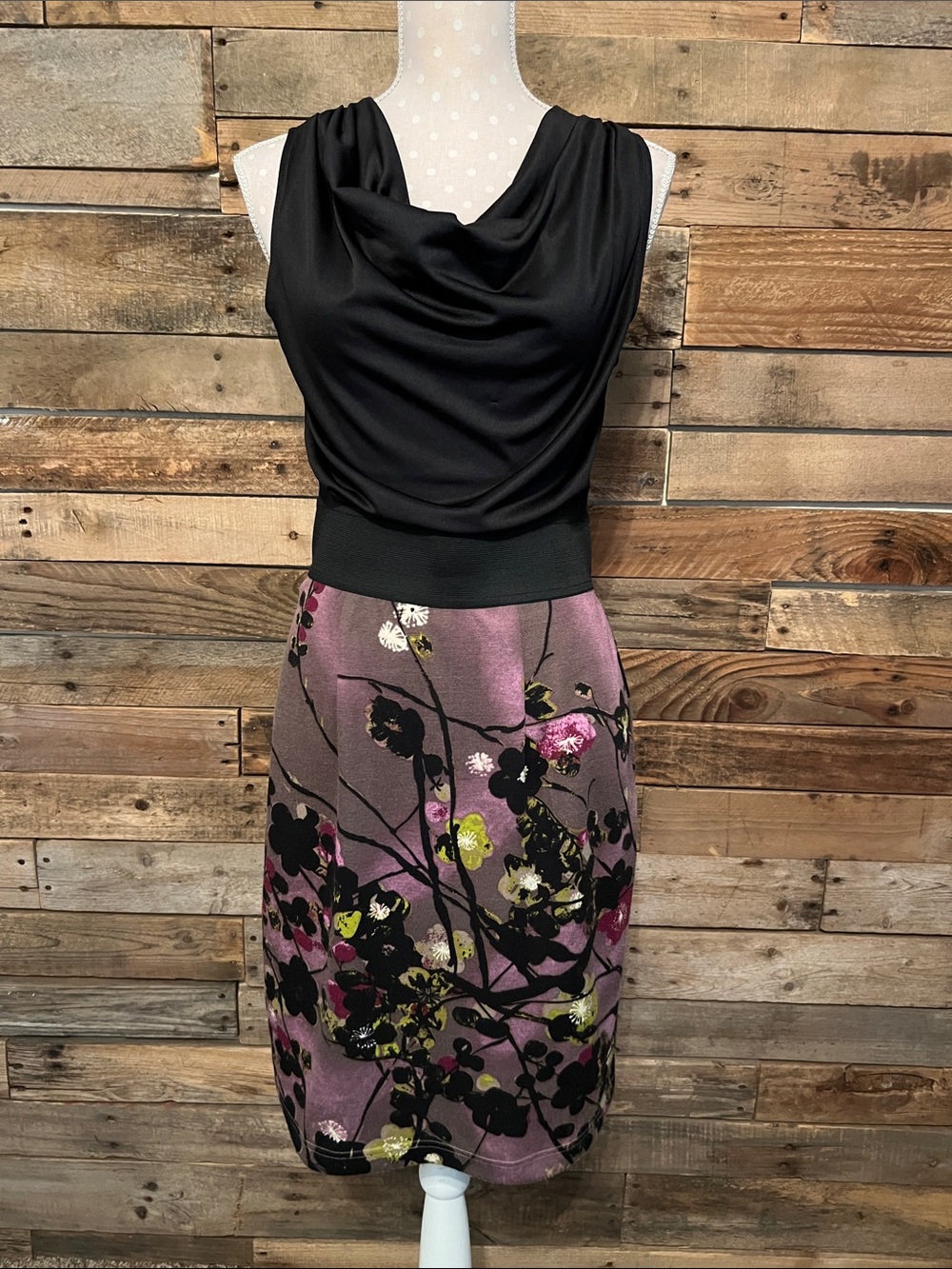 Black Sleeveless Draped Neck Top with Attached Floral Mauve Skirt